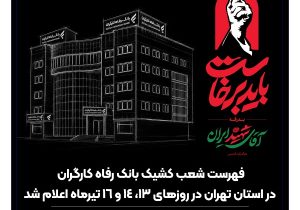فهرست شعب کشیک بانک رفاه کارگران در استان تهران در روزهای ۱۳، ۱۴ و ۱۶ تیرماه اعلام شد